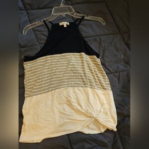 Moa Moa racetrack tank top with side knot- Navy Blue, Grey, and white stripe